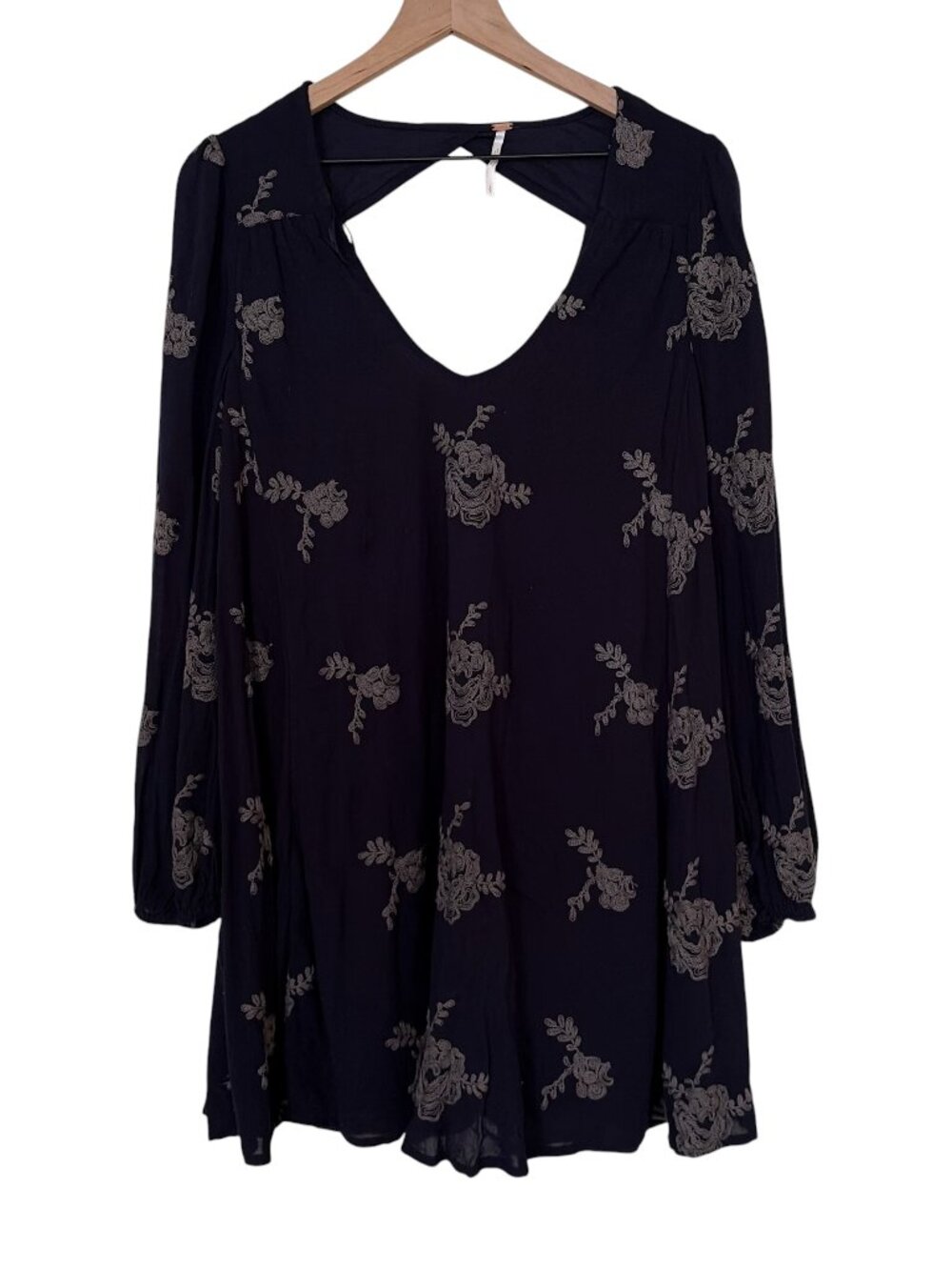 Free People Black Emma Embroidered Long Sleeve Mini Dress